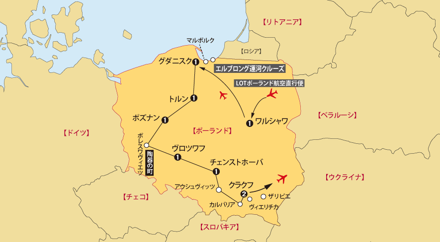 ポーランド11日間地図