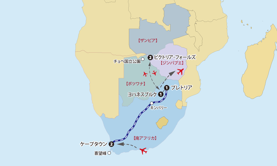 豪華寝台列車ブルートレインと南部アフリカ４カ国周遊 10日間地図pc