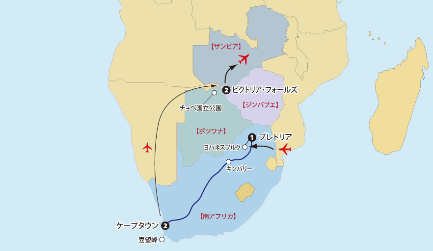 豪華寝台列車ブルートレインと南部アフリカ４カ国周遊 10日間地図pc