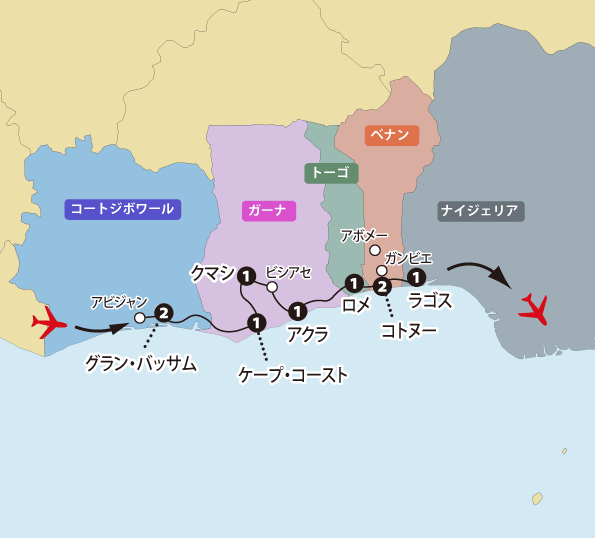 「西アフリカ・ギニア湾岸５カ国への旅」地図