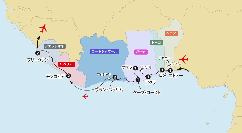「西アフリカ・ギニア湾岸６カ国への旅」地図