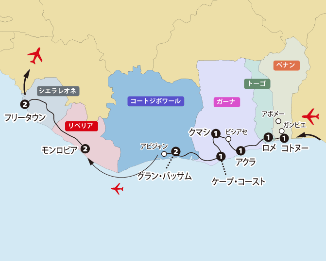 「西アフリカ・ギニア湾岸６カ国への旅」地図