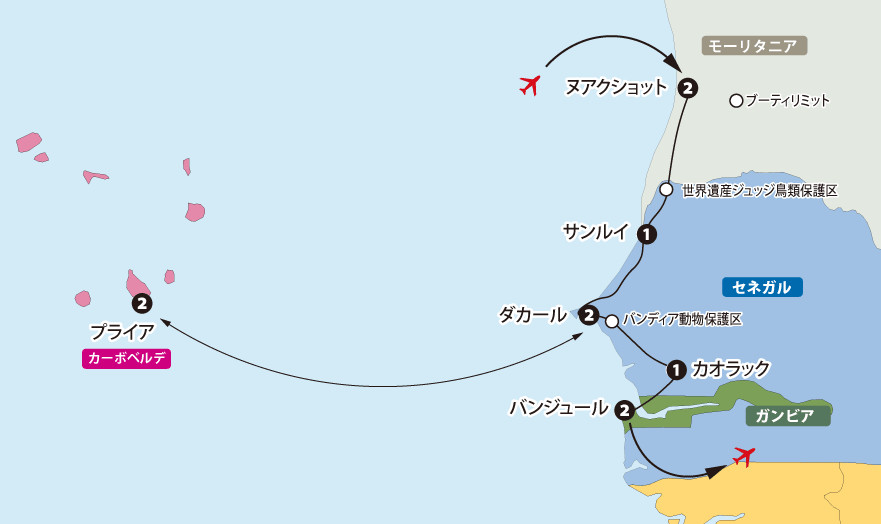 「アフリカ大陸最西端の国々・４カ国を行く」旅の地図