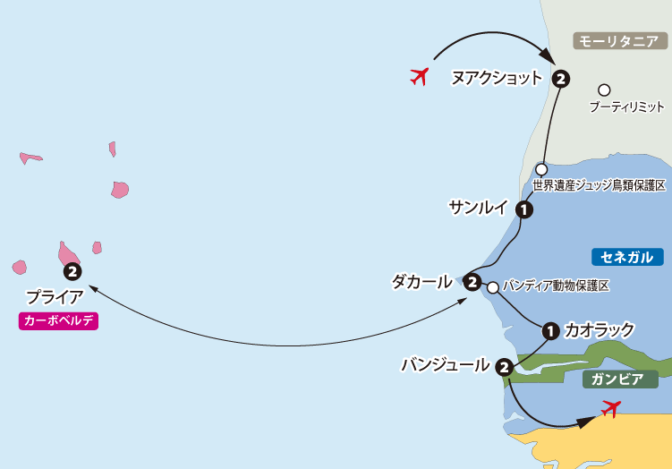 「アフリカ大陸最西端の国々・４カ国を行く」旅の地図
