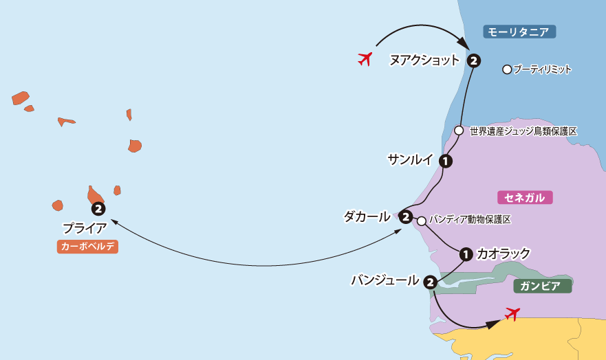 「アフリカ大陸最西端の国々・４カ国を行く」旅の地図