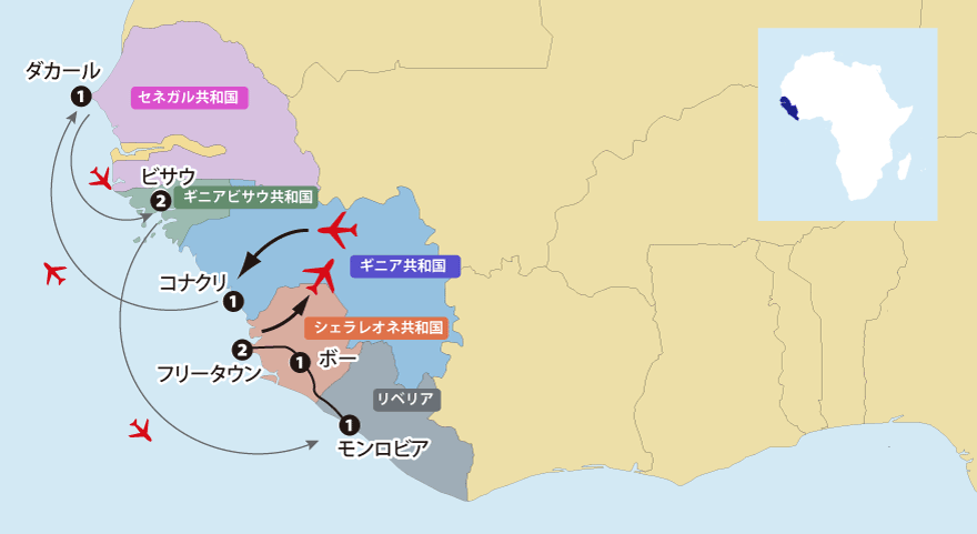 「西南アフリカの知られざる小国・５カ国への旅」地図