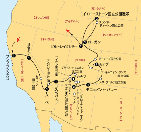 アメリカ西部国立公園地図