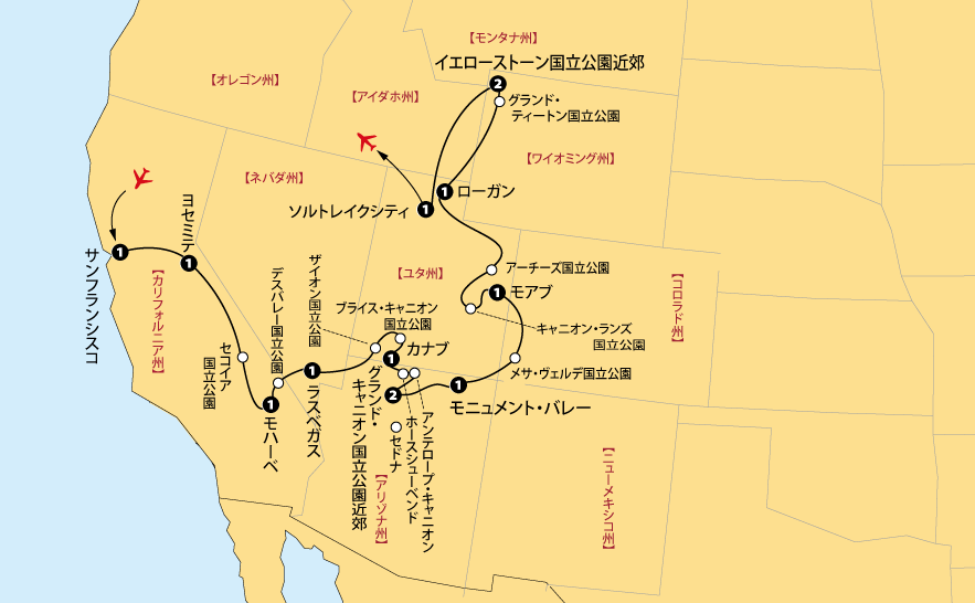 アメリカ西部国立公園地図