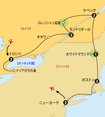 カナダ東部アメリカ東部12日間地図sp