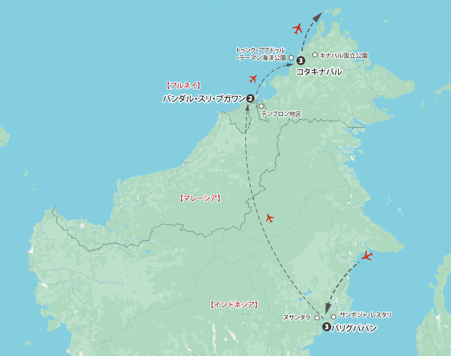 ボルネオ島3ヵ国周遊地図