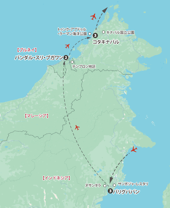 ボルネオ島3ヵ国周遊地図