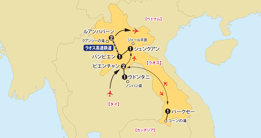 「赤い蓮の海ノンハン湖とラオス周遊10日間」地図