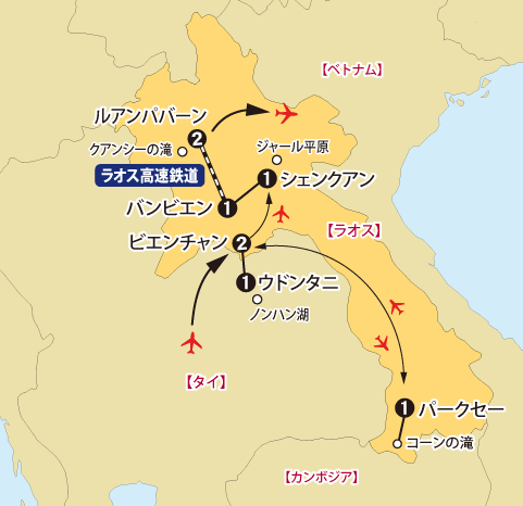 「赤い蓮の海ノンハン湖とラオス周遊10日間」地図