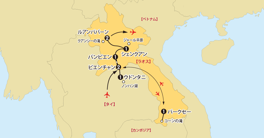 「赤い蓮の海ノンハン湖とラオス周遊10日間」地図