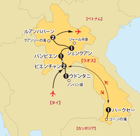 「赤い蓮の海ノンハン湖とラオス周遊10日間」地図