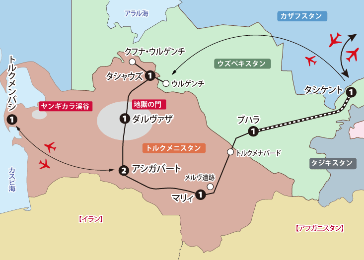 トルクメニスタン周遊10日間地図