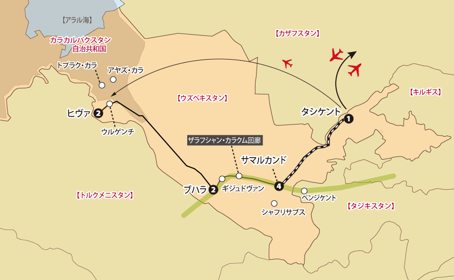 ウズベキスタン11日間地図