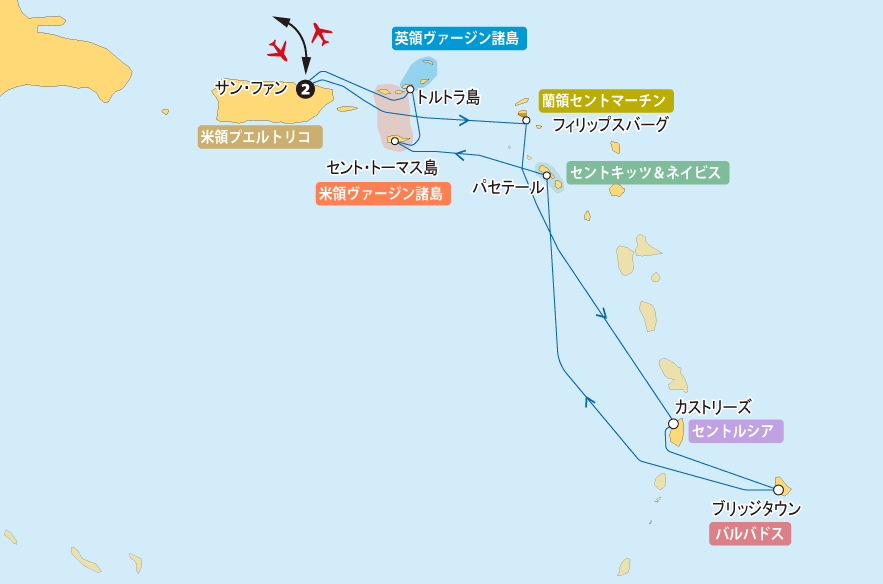 陽光のカリブ海・小さな島国を巡る船旅14日間地図