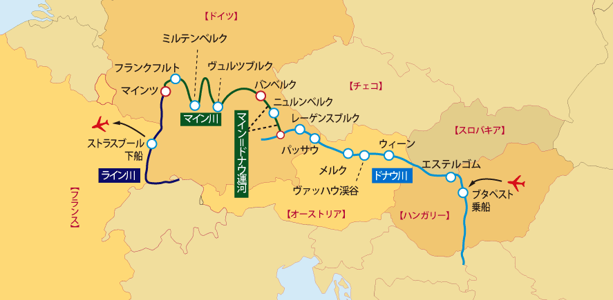 クロワジヨーロッパ・フランス号クルーズ地図