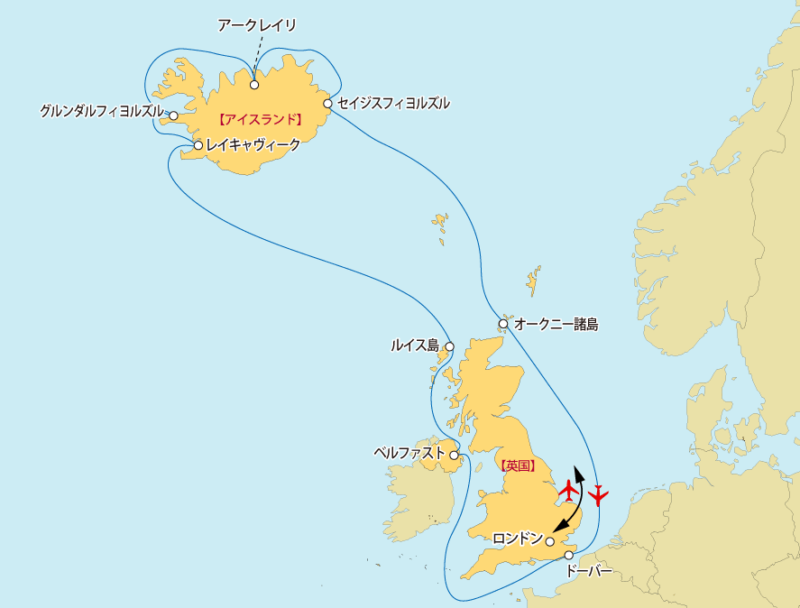 アイスランド・ルイス島・オークニー諸島クルーズ地図