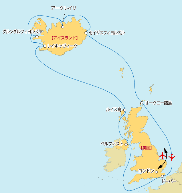 アイスランド・ルイス島・オークニー諸島クルーズ地図