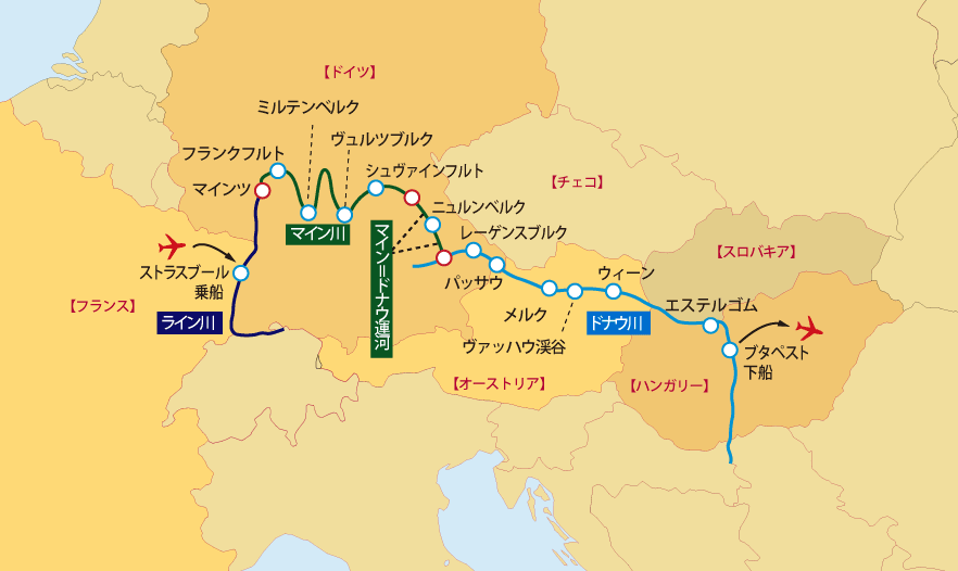 クロワジヨーロッパ・フランス号クルーズ地図