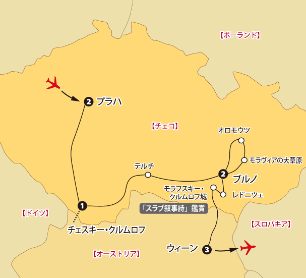 チェコ周遊とウィーンの休日10日間地図