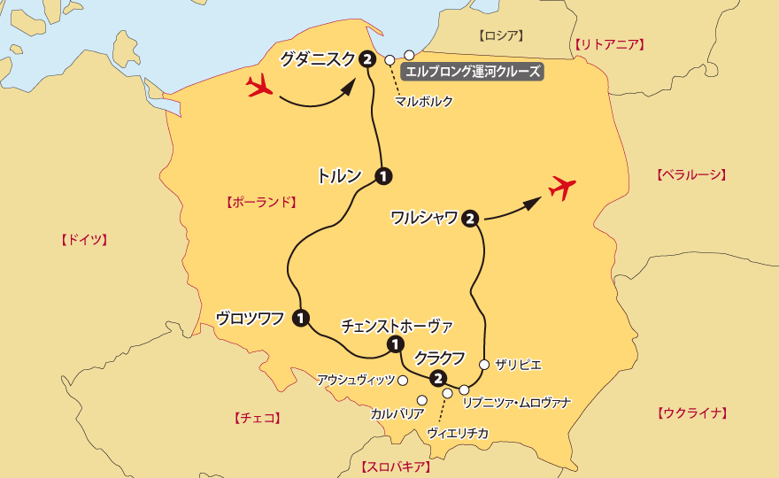 ポーランド11日間地図