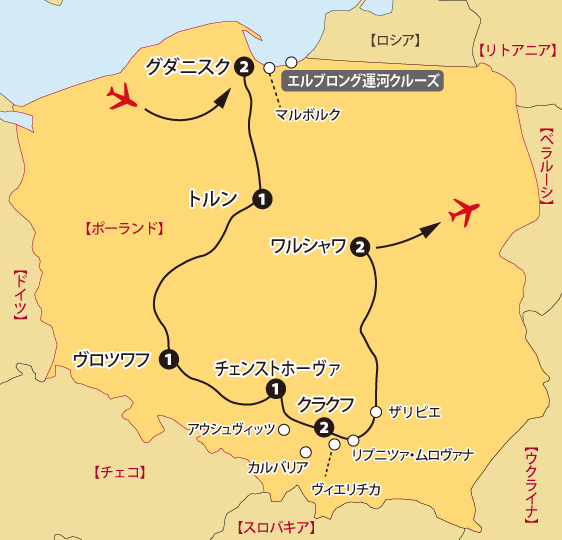 ポーランド11日間地図