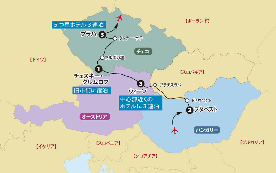 中欧三都物語 ～プラハ、ブダペストと芸術の都ウィーン～地図