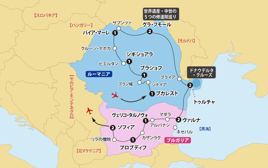 バラ祭り見学 ルーマニア・ブルガリア大周遊 17日間地図pc