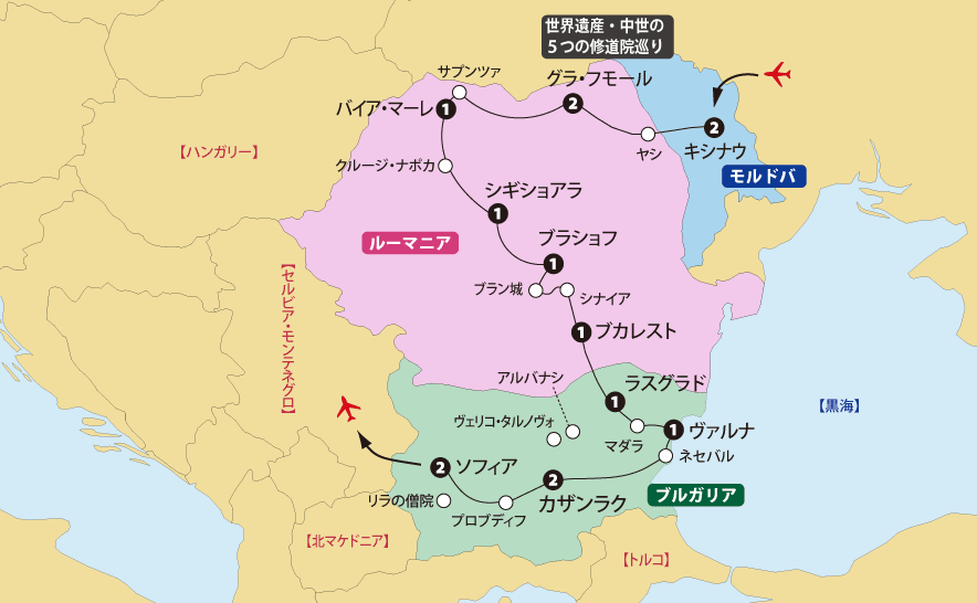 秋のルーマニア、ブルガリアとモルドバ共和国 17日間地図