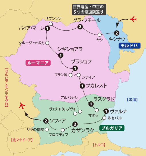 秋のルーマニア、ブルガリアとモルドバ共和国 17日間地図