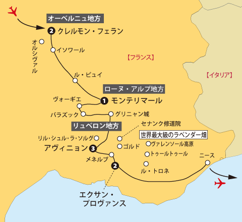 オーベルニュ奥プロヴァンス11日間地図sp