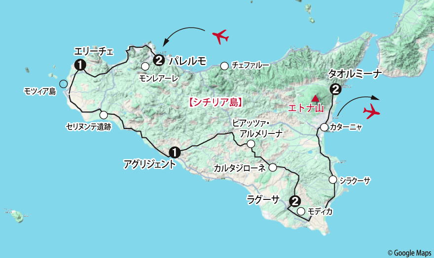 「悠久の時を巡る・シチリア島周遊の旅」地図