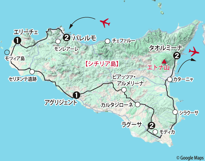 「悠久の時を巡る・シチリア島周遊の旅」地図