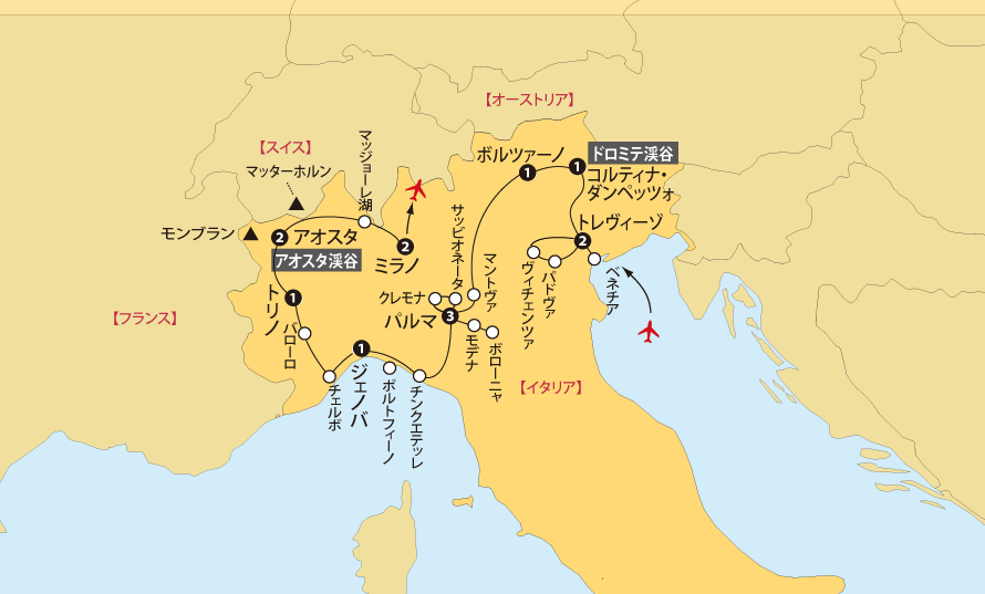 北イタリア大周遊地図