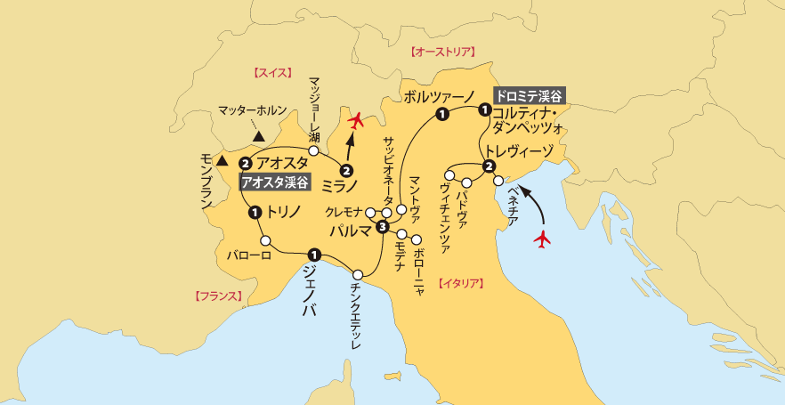 北イタリア大周遊地図