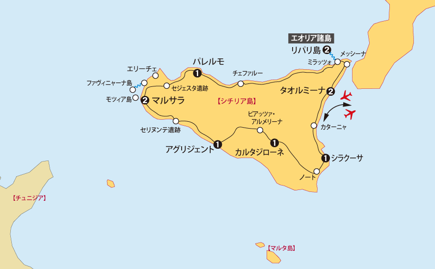 シチリア島大周遊地図