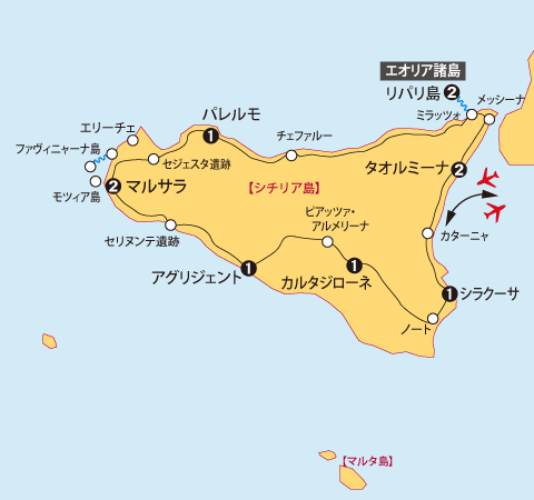 シチリア島大周遊地図