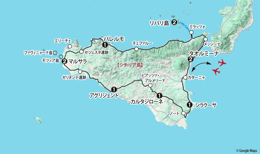 シチリア島大周遊地図