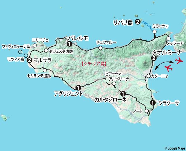 シチリア島大周遊地図