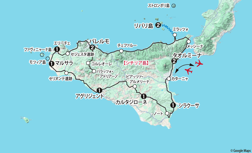 シチリア島大周遊地図