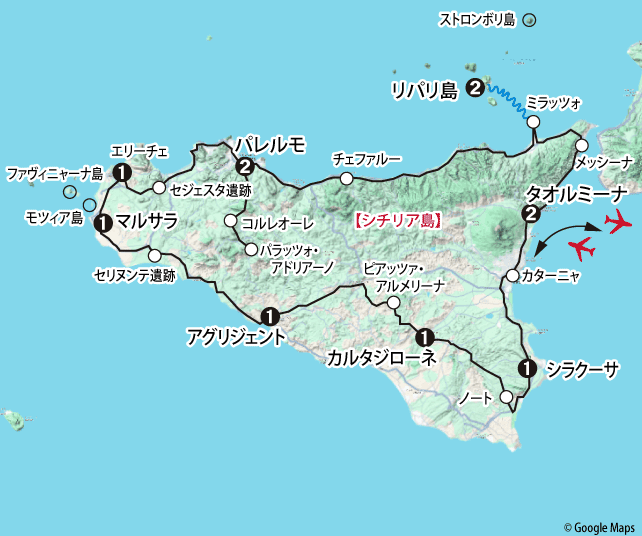 シチリア島大周遊地図