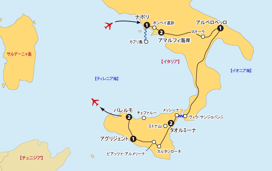 アマルフィ海岸連泊・南イタリアとシチリア地図