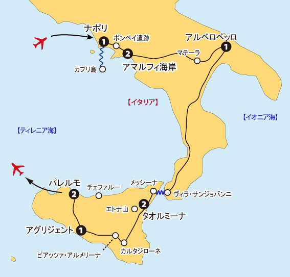 アマルフィ海岸連泊・南イタリアとシチリア地図
