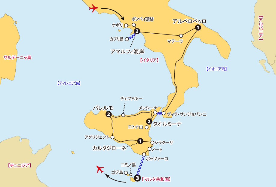 南イタリアシチリアマルタ14日間地図
