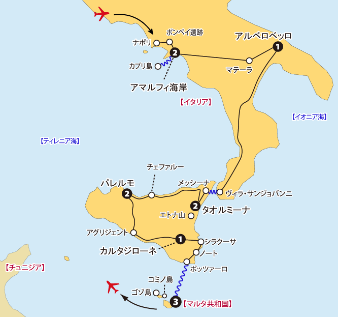 南イタリアシチリアマルタ14日間地図