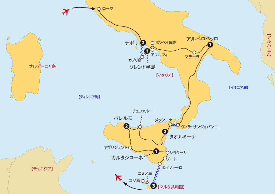 南イタリアシチリアマルタ15日間地図