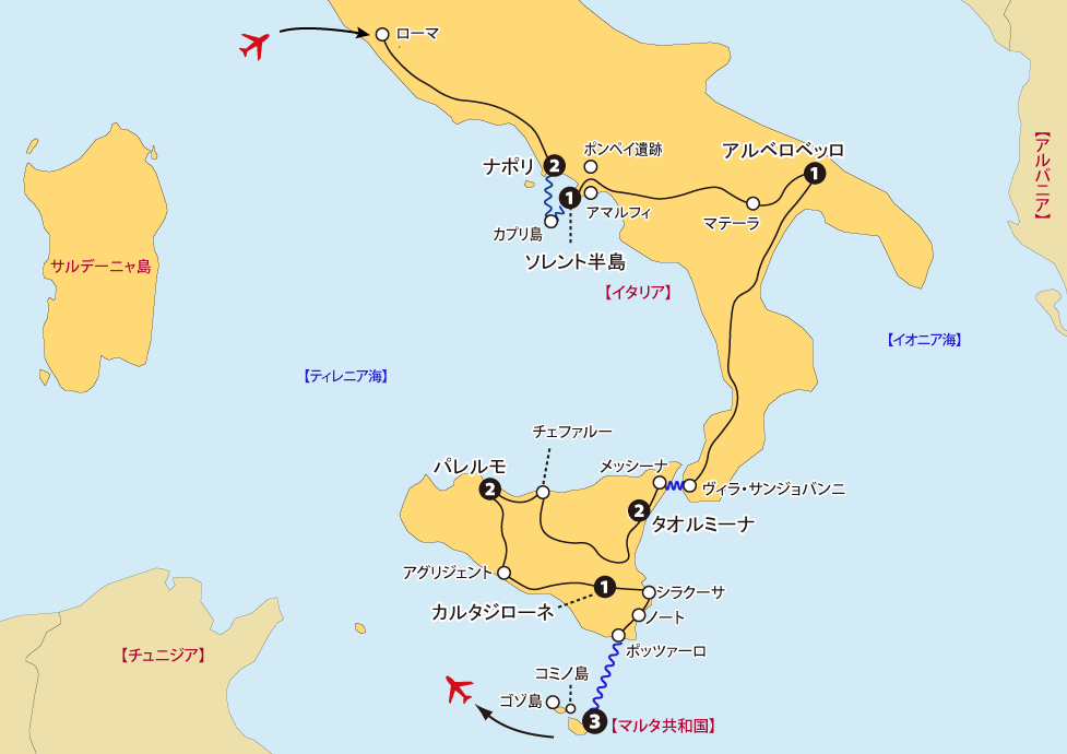 南イタリアシチリアマルタ15日間地図